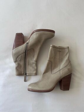 Frye Taupe Leather Stacked Heel Ankle Boots